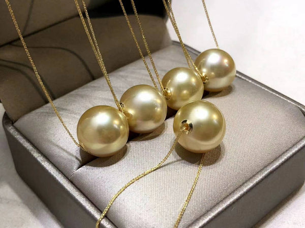 Genuine 18K gold solid Spiga/wheat chain, Au750 stamped gold,  natural cultivated phillipines huge golden round pearl pendant 12-13MM pearl