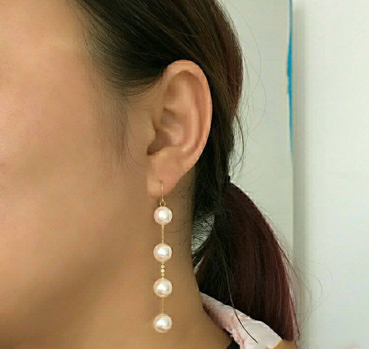 Genuine 18K gold solid lever back earrings, Au750 gold dangle earring ,  Round Natural White pearl 7-8MM  White Luster, 18kt rose gold