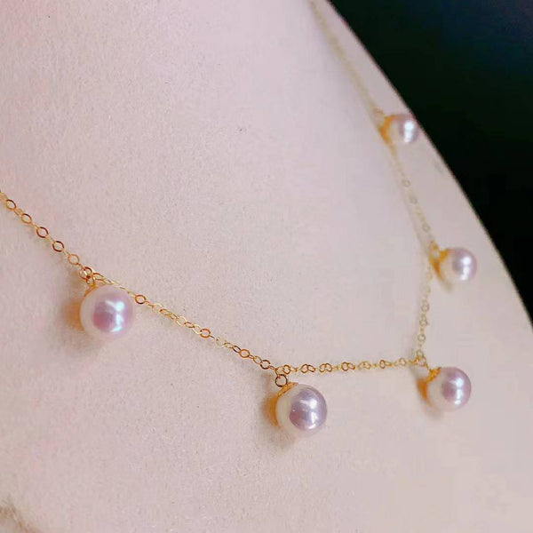 Necklace Genuine 18K gold solid Au750 gold fine chain Dainty, with fresh water white natural pearl pink luster pendant charm