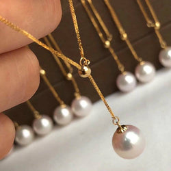 Genuine 18K gold solid Spiga / Wheat adjustable chain,  Au750 gold dainty necklace,  natural seawater Japanese Akoya pearl 7-8MM white pearl