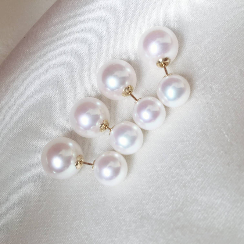 Genuine 18K gold solid Akoya double sided pearl earrings, Au750 gold, 75% gold earring studs Japanese Akoya pearls