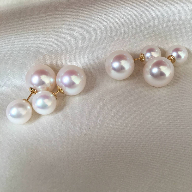 Genuine 18K gold solid Akoya double sided pearl earrings, Au750 gold, 75% gold earring studs Japanese Akoya pearls