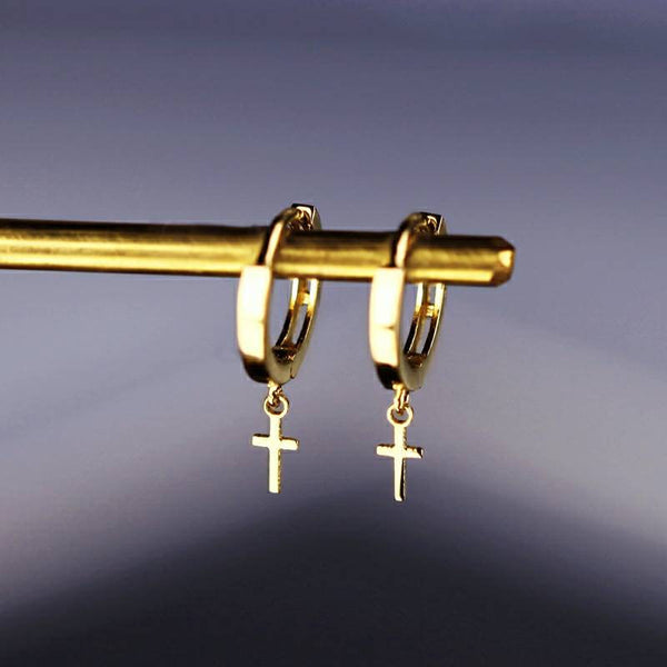 Genuine mini tiny 14k gold solid cross earring hoops, 14K yellow gold, Au585 stamped gold, dangle earring