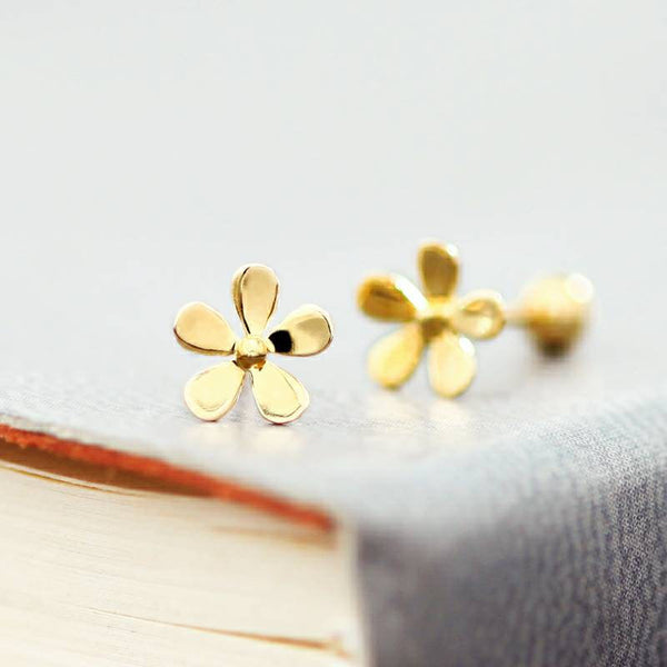 Genuine screw back 14k gold solid flower earring studs, 14K gold solid earring, 14K yellow gold, screw back earring