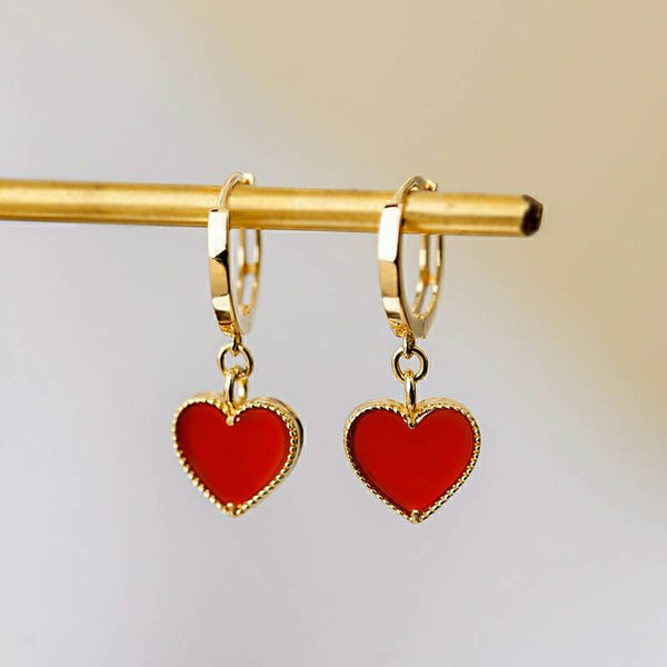 Genuine 14k gold solid red agate heart earring hoops.  14K yellow gold,Au585 stamped gold, dangle new york earring