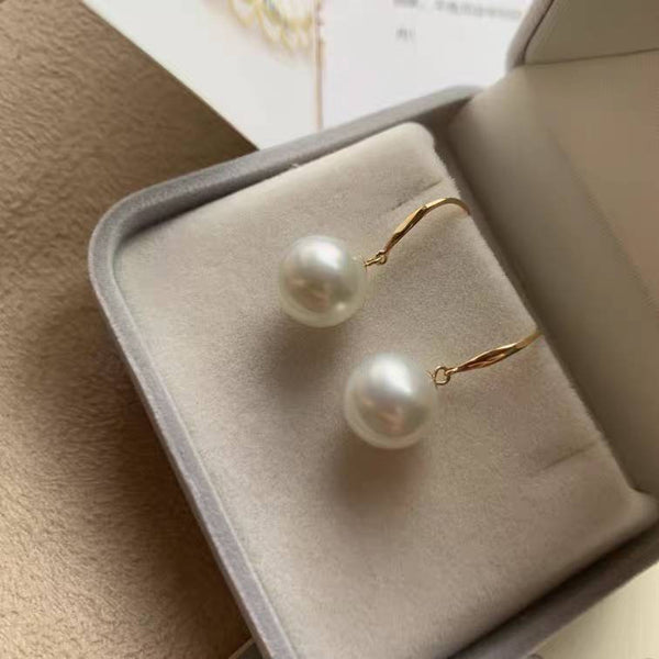 18K gold solid pearl earrings hooks, Au750 gold dangle, Round Natural White pearl 9-10MM cold White Luster, 18kt Yellow or White Gold