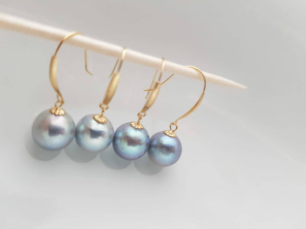 Akoya Pearl Dangle Earrings hooks,  Round AAAA Akoya Pearls 8-9mm, Natural gray blue, mirror luster, 18kt gold solid Au750, 75% of gold