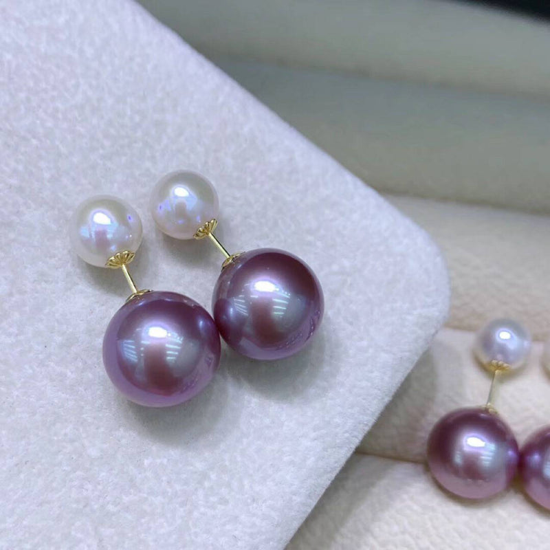 18K gold solid double-sided pearl earring studs, Au750 stamped gold, fresh water round white pearl earring, 9-10MM purple pearl earring