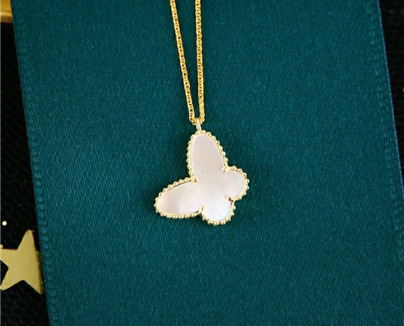 Genuine 18K gold solid chain, stamped Au750, 75% of gold, 18K gold pendant set with red green butterfly, choker, mother of pearl