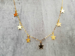 Celestial Necklace 18K gold solid fine dainty chain, AU750 gold star drop pendant charm, with 18K gold solid star choker,minimalist