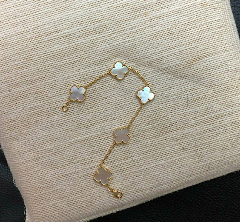 Genuine 18K gold solid clover charm bracelet, Au750 stamped gold, 75% of gold bracelet, 18K gold solid malachite, mother of pearl clover