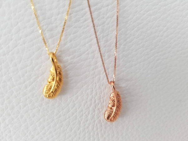 Genuine 18K gold solid feather Pendant charm +18K gold solid Au750 gold, 75% of gold Spiga chain necklace jewelry set, 18K rose gold