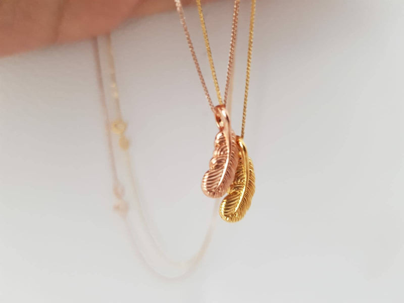 Genuine 18K gold solid feather Pendant charm +18K gold solid Au750 gold, 75% of gold Spiga chain necklace jewelry set, 18K rose gold