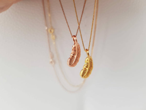 Genuine 18K gold solid feather Pendant charm +18K gold solid Au750 gold, 75% of gold Spiga chain necklace jewelry set, 18K rose gold