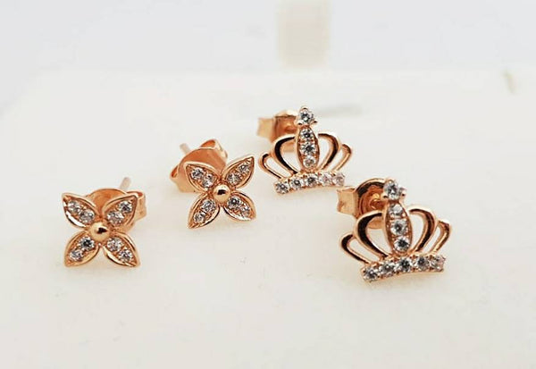 Genuine 18k gold solid clover zircon sparkle earring studs, Au750 stamped, 75% of gold,18K rose  gold solid crown with zircon earrings