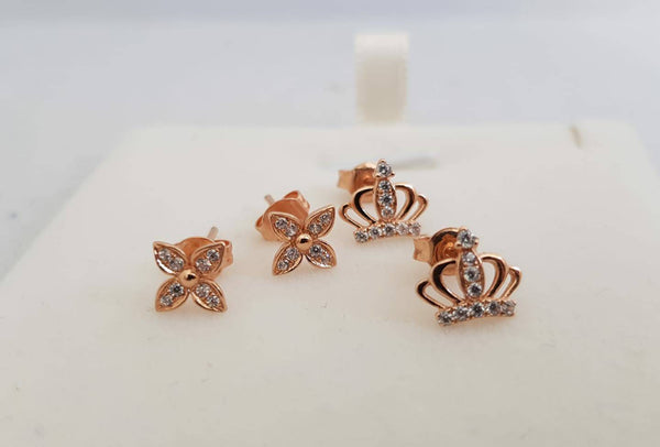 Genuine 18k gold solid clover zircon sparkle earring studs, Au750 stamped, 75% of gold,18K rose  gold solid crown with zircon earrings