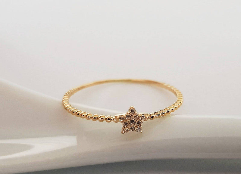 Genuine 18K gold solid star sparkle ring, Au750 gold 75% of gold, 18K rose gold solid thin ring inlaid with zircon star cut ring