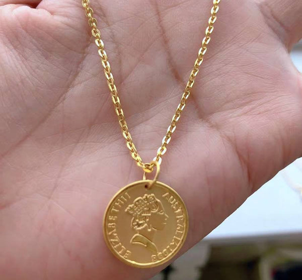 Genuine Pure gold 999, 24K gold solid Elizabeth queen coin Pendant charm +18K gold solid Au750 gold fine chain necklace, jewelry set