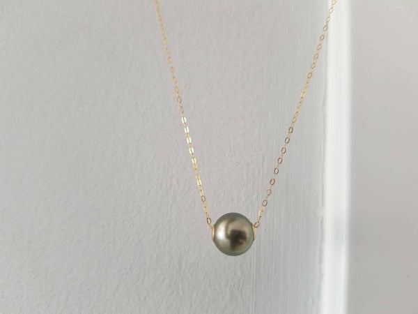 Necklace 18K gold solid dainty chain ,  AU750 stamped gold, Tahitian Black  Pearl 9-10MM  adjustable chain, gift for her