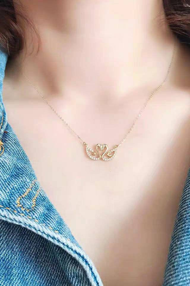 Genuine 14K gold solid Swan cat pendant necklace, stamped Au585, 14K gold jewelry set, Real 14K gold solid dainty fine chain