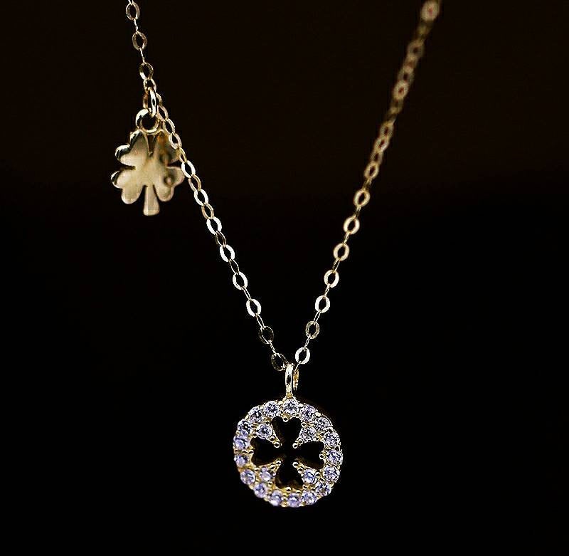 Genuine 14K gold solid double clover zircon  pendant necklace set, stamped Au585, 14K gold jewelry set, Real 14K gold solid dainty fine chain