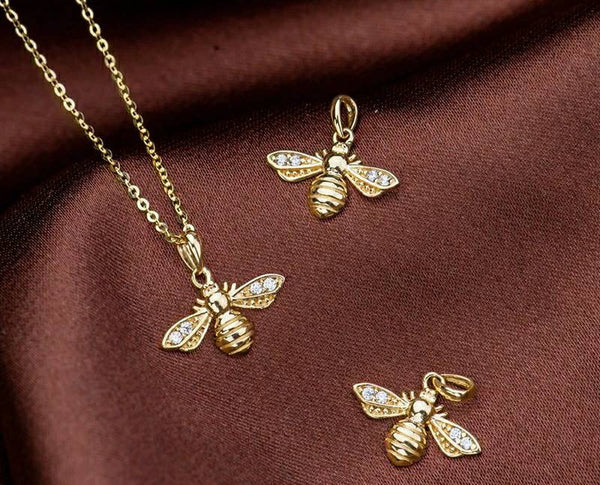 Genuine 14K gold solid bee pendant necklace, stamped Au585, 14K gold jewelry set, Real 14K gold solid dainty fine chain