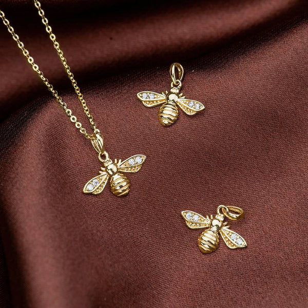 Genuine 14K gold solid bee pendant necklace, stamped Au585, 14K gold jewelry set, Real 14K gold solid dainty fine chain