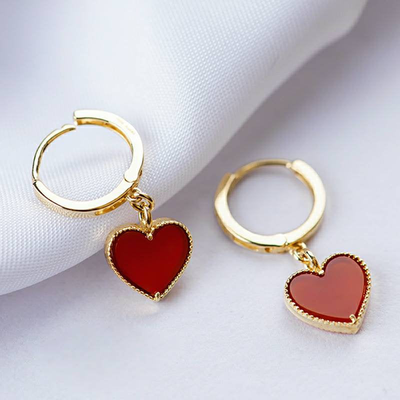 Genuine 14k gold solid red agate heart earring hoops.  14K yellow gold,Au585 stamped gold, dangle new york earring