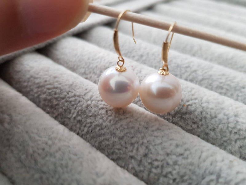 18K gold solid pearl earrings hooks, Au750 gold dangle , Round big Pearls Natural White Color 11-12MM pink Luster, 18kt Yellow or White Gold