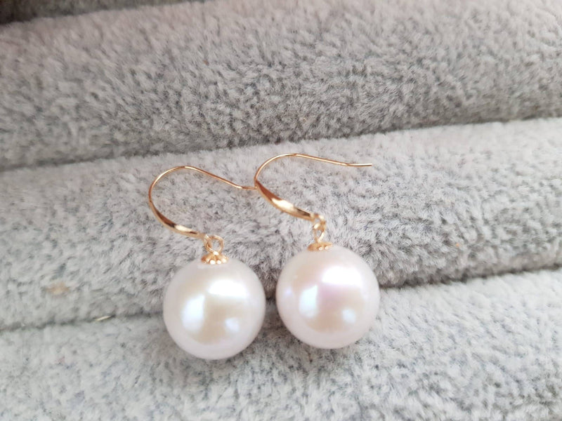 18K gold solid pearl earrings hooks, Au750 gold dangle , Round big Pearls Natural White Color 11-12MM pink Luster, 18kt Yellow or White Gold