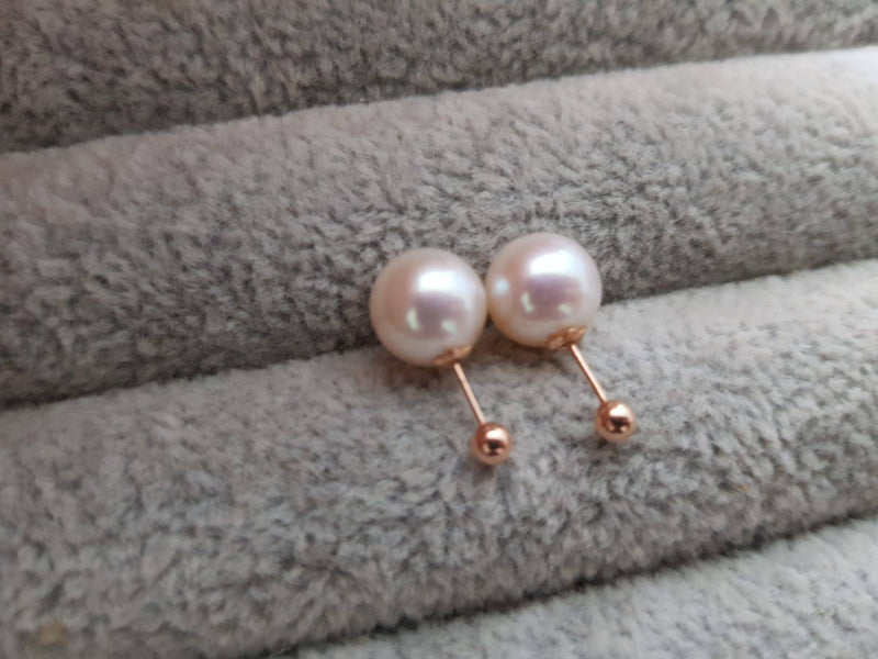 Genuine 18K gold solid Akoya white pearl Insert earrings, Au750 gold, 75% gold earring studs Japanese Akoya pearls with pink luster