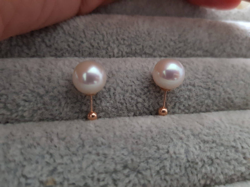 Genuine 18K gold solid Akoya white pearl Insert earrings, Au750 gold, 75% gold earring studs Japanese Akoya pearls with pink luster