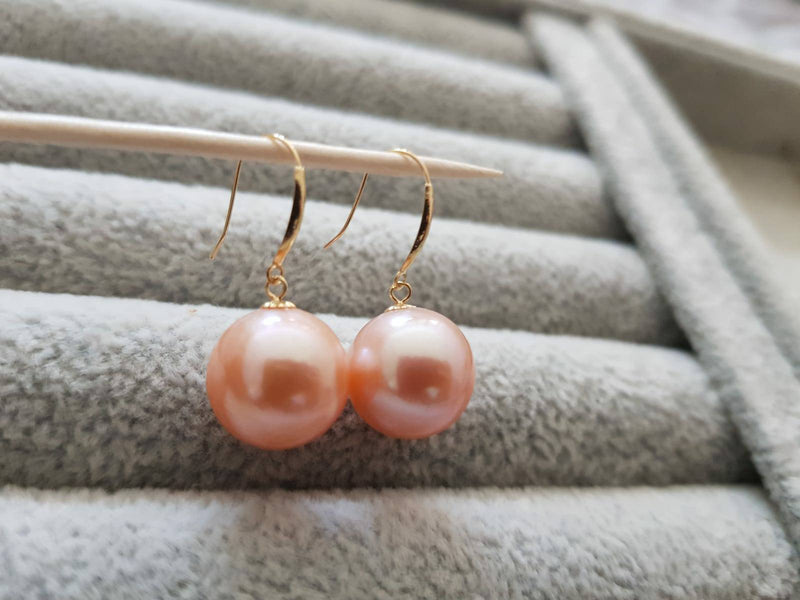 18K gold solid pearl earrings hooks, Au750 gold dangle, Round Natural Edison orange huge big  pearl 12-13MM  18kt Yellow gold
