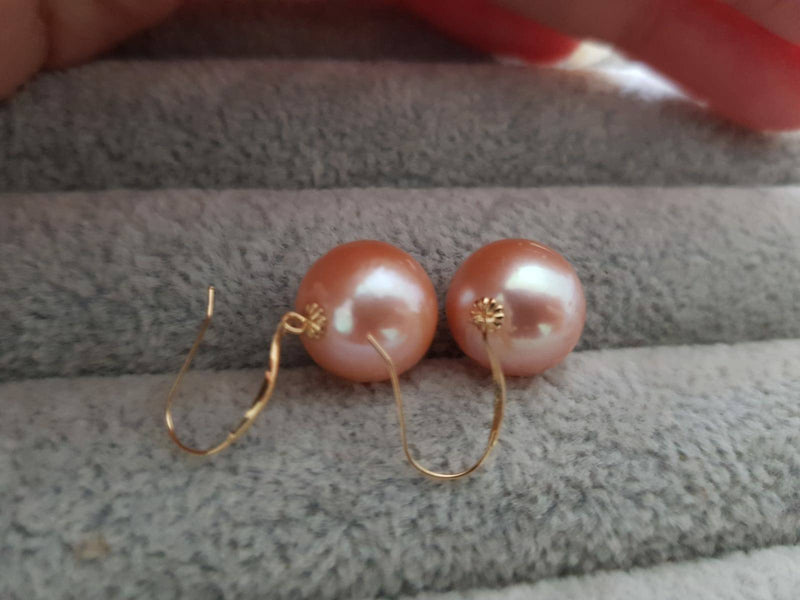 18K gold solid pearl earrings hooks, Au750 gold dangle, Round Natural Edison orange huge big  pearl 12-13MM  18kt Yellow gold