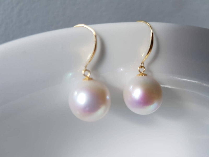 18K gold solid pearl earrings hooks, Au750 gold dangle , Round big Pearls Natural White Color 11-12MM pink Luster, 18kt Yellow or White Gold