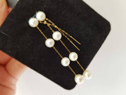 Genuine 18K gold solid dangle earring, Au750 gold, 75% of gold long 9cm chandelier earring, Fresh water Edison white pearls