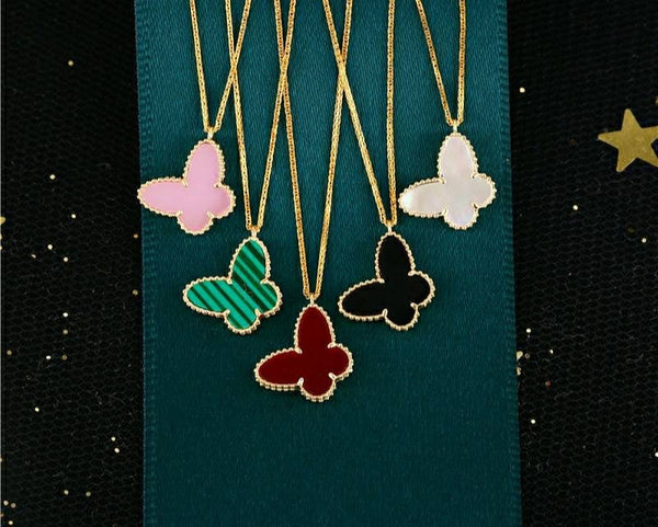 Genuine 18K gold solid chain, stamped Au750, 75% of gold, 18K gold pendant set with red green butterfly, choker, mother of pearl