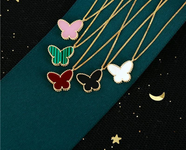 Genuine 18K gold solid chain, stamped Au750, 75% of gold, 18K gold pendant set with red green butterfly, choker, mother of pearl