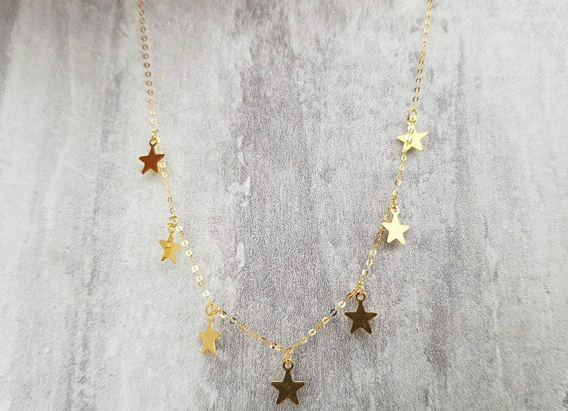 Celestial Necklace 18K gold solid fine dainty chain, AU750 gold star drop pendant charm, with 18K gold solid star choker,minimalist