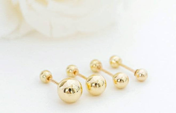 Genuine  18k gold solid double bead earring studs. 18K gold solid earring, 18K yellow gold, screw back earring