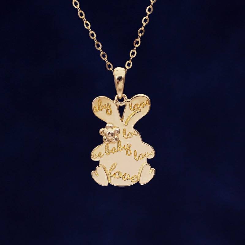 Genuine 14K gold solid cut rabbit pendant necklace, stamped Au585, 14K gold jewelry set,Real 14K gold solid dainty fine chain