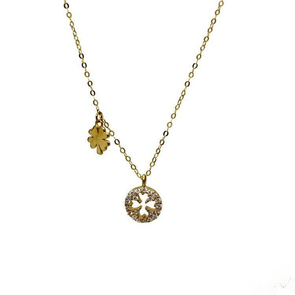 Genuine 14K gold solid double clover zircon  pendant necklace set, stamped Au585, 14K gold jewelry set, Real 14K gold solid dainty fine chain