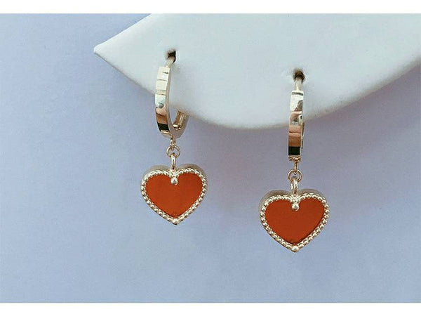 Genuine 14k gold solid red agate heart earring hoops.  14K yellow gold,Au585 stamped gold, dangle new york earring