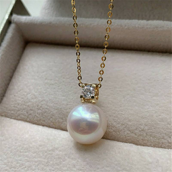 Genuine 18K gold solid zircon necklace,  Au750 fine chain pearl seawater Japanese Akoya white pearl necklace, charm, 18K gold zircon pendant