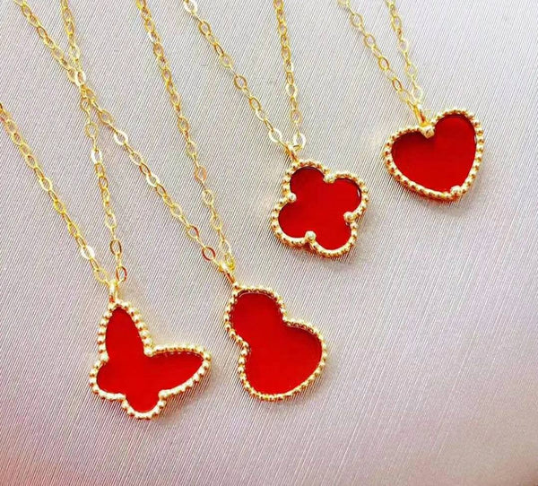 Genuine 18K rose gold solid chain, Au750 stamped gold, 18K gold solid inlaid red agate gourd pendant, butterfly, heart, clover