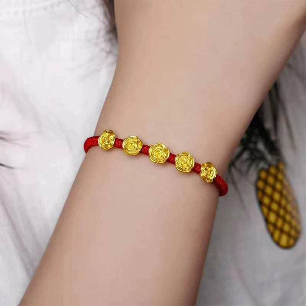 Genuine 24K gold solid 5-roses bracelet, Au999 gold, 99% of gold, with red rope bracelet, pure gold 999 gold beads bracelet