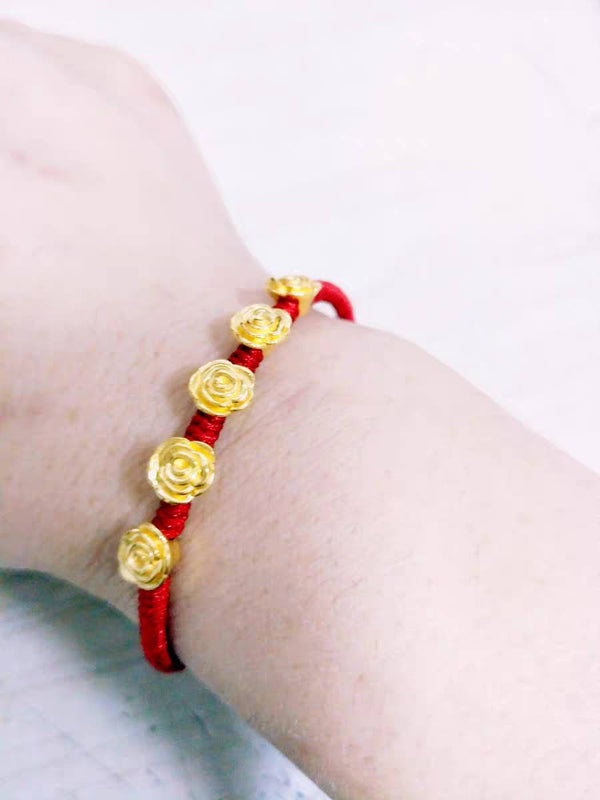 Genuine 24K gold solid 5-roses bracelet, Au999 gold, 99% of gold, with red rope bracelet, pure gold 999 gold beads bracelet