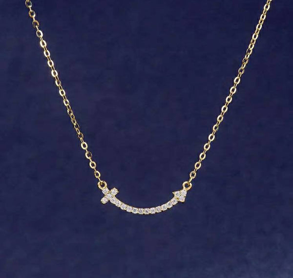 Necklace Genuine 14K gold solid Au585 gold smile necklace with zircon, 14K real gold jewelry set