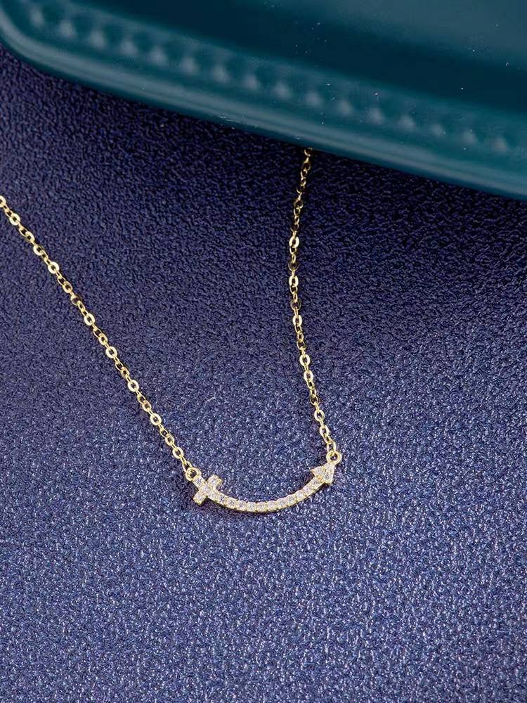 Necklace Genuine 14K gold solid Au585 gold smile necklace with zircon, 14K real gold jewelry set