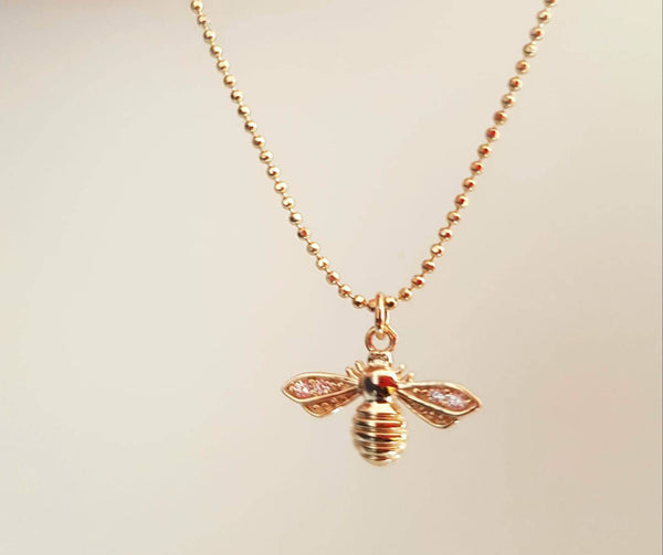 Genuine 14K gold solid bee pendant inlaid with zircon, necklace, stamped Au585, 14K gold jewelry set,Real 18K gold solid beaded chain 38cm